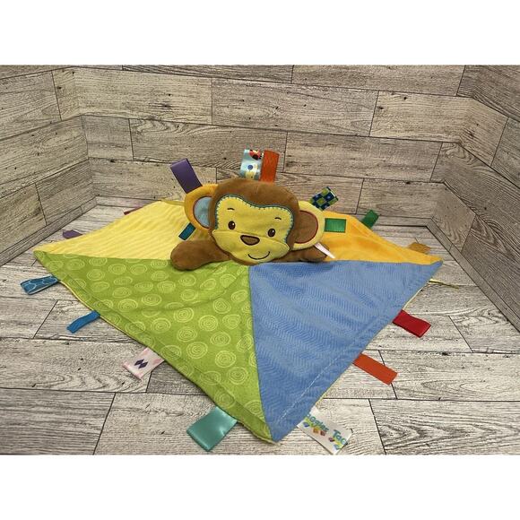 Taggies Monkey Tags Yellow Blue Green Baby Infant Lovey Security Blanket - Picture 1 of 7